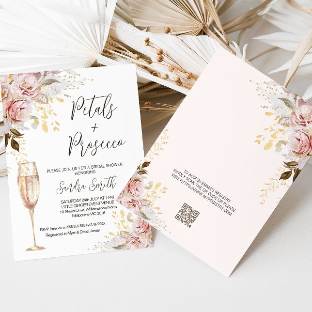 Chic Blush Petals Prosecco QR Code Bridal Shower Invitation (Chic blush and gold floral petal and prosecco bridal shower invitation with message and QR code.)