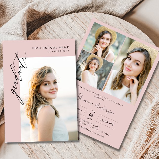 Chic Blush Pink 4 Photo Graduation Party Invitation (Creator Uploaded)