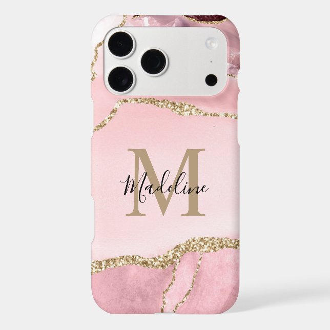 Chic Blush Pink Agate Geode Gold Script Monogram iPhone Case (Back)