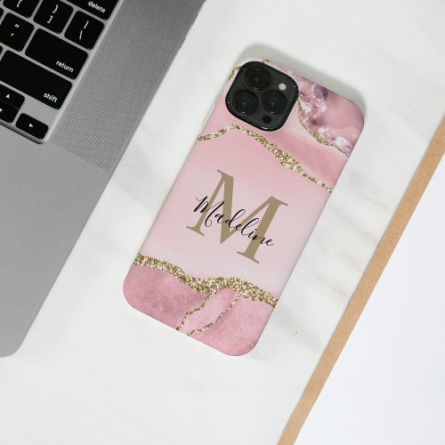 Chic Blush Pink Agate Geode Gold Script Monogram iPhone 14 Case