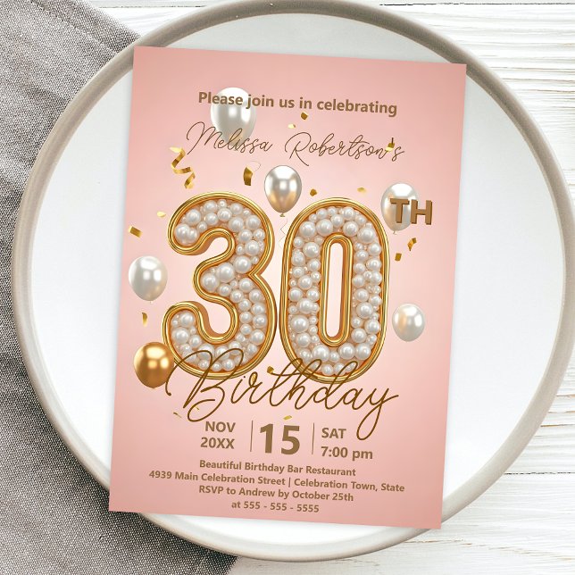 Chic Blush Pink and Shiny Gold 30th Birthday Invitation (Creator Uploaded)