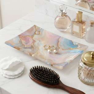 Chic Blush Pink Aqua Blue Gold White Marble Art Trinket Tray
