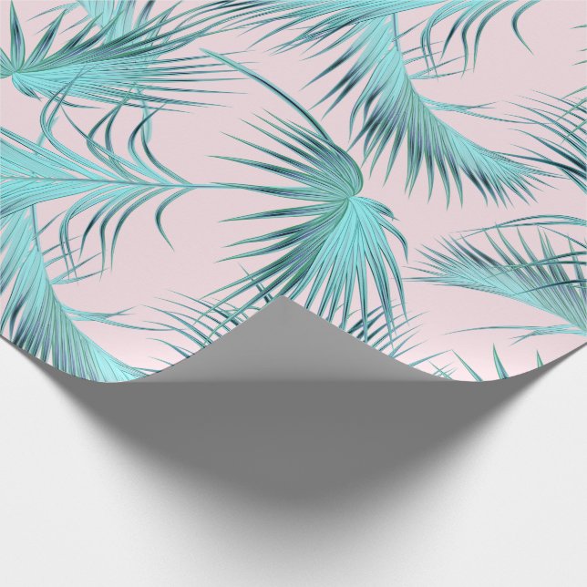 Chic Blush Pink Aqua Blue Palm Fronds Pattern Wrapping Paper (Corner)