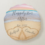 Chic Blush Pink Beach Couples Hearts Sand  Round Pillow<br><div class="desc">Chic Blush Pink Beach Couples Hearts Sand. Newlywed 1st Valentine's Day / year,  anniversary keepsake.  Couples Names in Hearts in Sand coastal memory keepsake.</div>