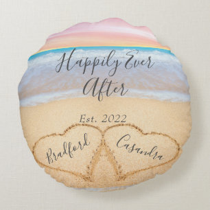Chic Blush Pink Beach Couples Hearts Sand Round Pillow
