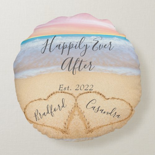 Chic Blush Pink Beach Couples Hearts Sand  Round Pillow