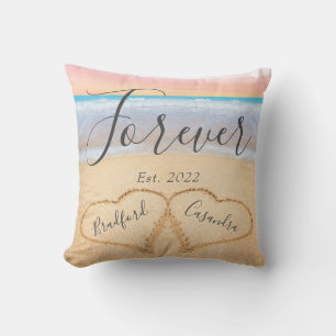 Chic Blush Pink Beach Couples Hearts Sand Throw Pillow