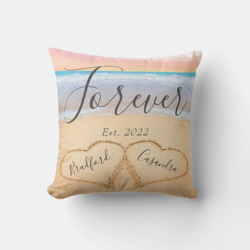 Chic Blush Pink Beach Couples Hearts Sand  Throw Pillow