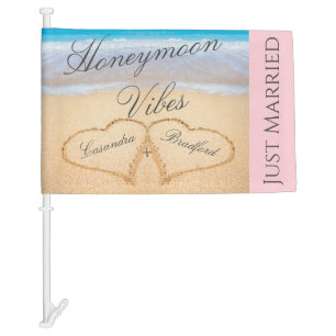 Chic Blush Pink Beach Heart Sand Just Married Boat Car Flag