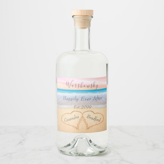 Chic Blush Pink Beach Wedding 2 Heart Sand Liquor Bottle Label (Front)