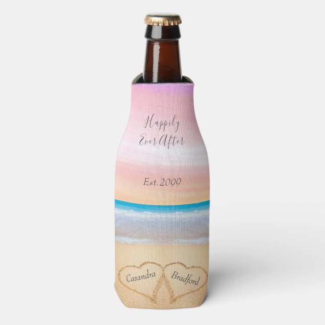 Chic Blush Pink Beach Wedding 2 Hearts Bottle Cooler (Bottle Front)