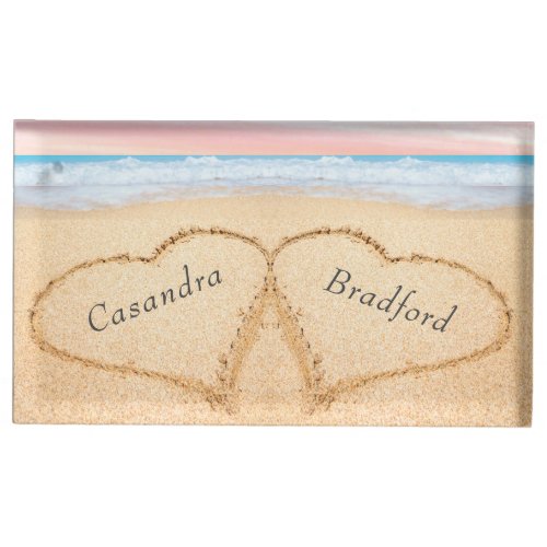 Chic Blush Pink Beach Wedding 2 Hearts in Sand Place Card Holder