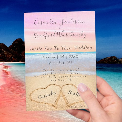 Chic Blush Pink Beach Wedding 2 Hearts in the Sand Invitation