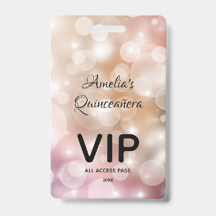 Chic Blush Pink Bokeh Quinceañera Invite VIP Pass Badge