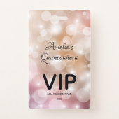 Chic Blush Pink Bokeh Quinceañera Invite VIP Pass Badge (Front)