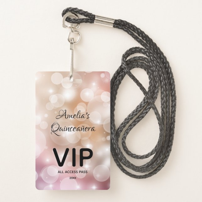 Chic Blush Pink Bokeh Quinceañera Invite VIP Pass Badge (Front with Lanyard)