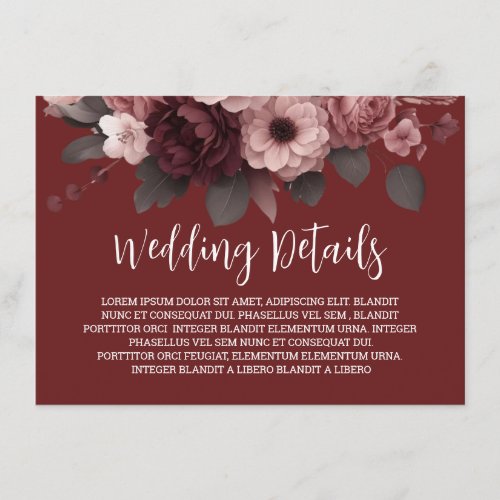 Chic Blush Pink Burgundy Floral Wedding Details  Enclosure Card
