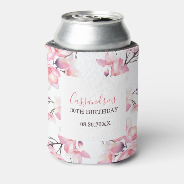 Chic Blush Pink Cherry Blossom Botanical Birthday Can Cooler (Can Back)