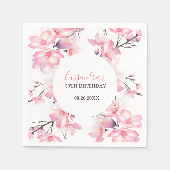Chic Blush Pink Cherry Blossom Botanical Birthday Napkins (Front)