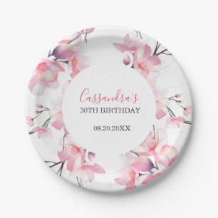 Chic Blush Pink Cherry Blossom Botanical Birthday Paper Plates