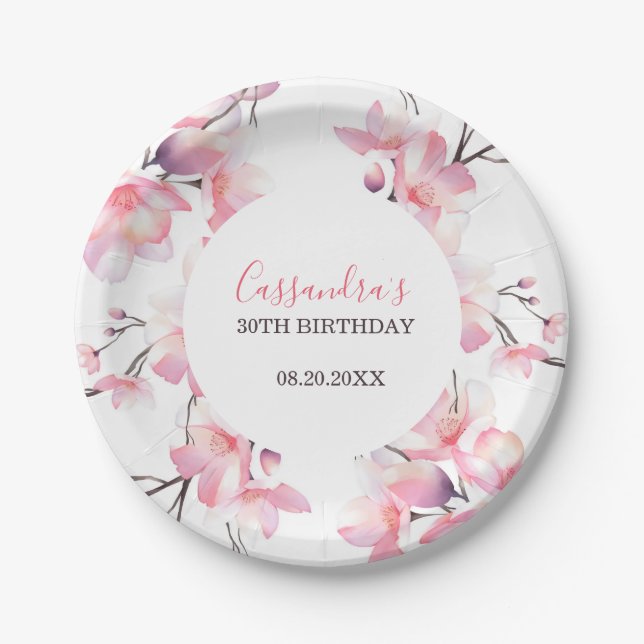 Chic Blush Pink Cherry Blossom Botanical Birthday Paper Plates (Front)
