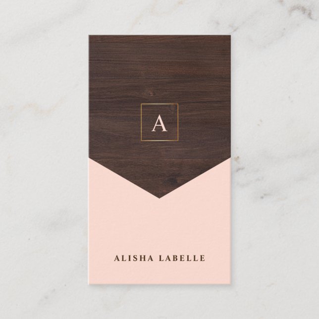 Chic Blush Pink, Dark Wood & Gold Stylish Monogram Business Card (Front)