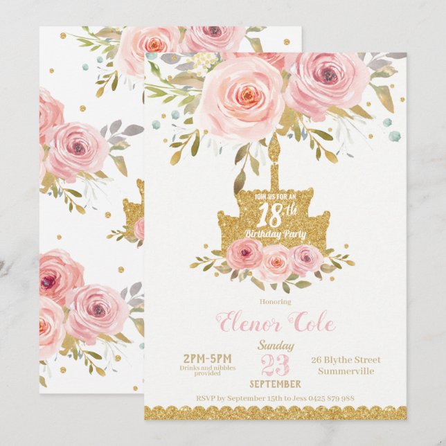 Chic Blush Pink Floral 18th Birthday Cake Invitation (Front/Back)