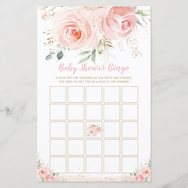 Chic Blush Pink Floral Baby Shower Bingo Game (Front)