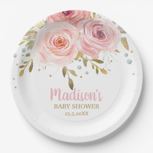 Chic Blush Pink Floral Baby Shower Birthday Party Paper Plates