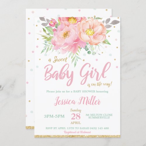 Chic Blush Pink Floral Baby Shower Mint Baby Girl Invitation