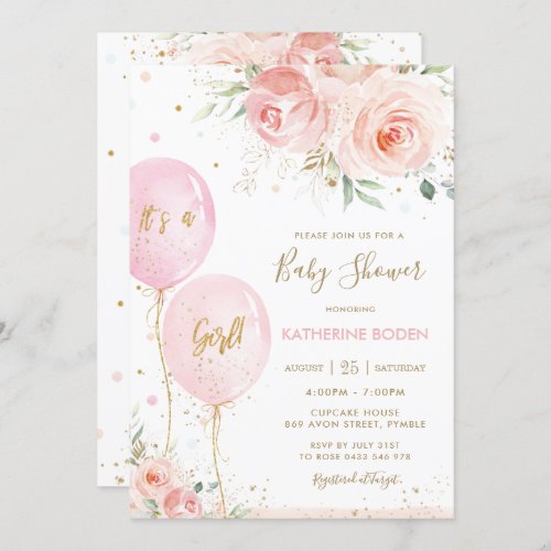 Chic Blush Pink Floral Balloons Gold Baby Shower Invitation