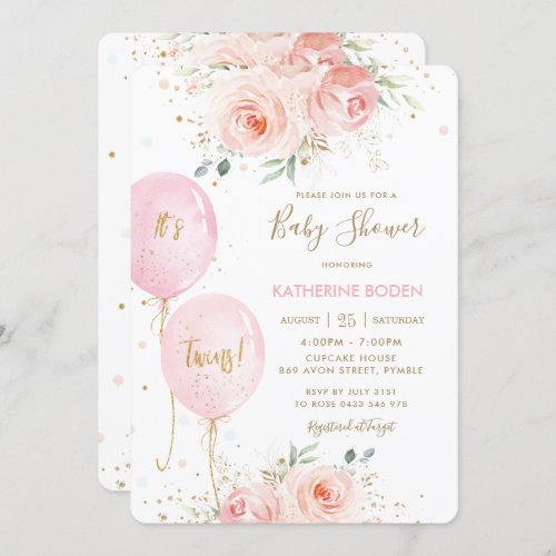 Chic Blush Pink Floral Balloons Twins Baby Shower Invitation