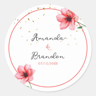 Chic Blush Pink Floral Confetti Frame Wedding Classic Round Sticker