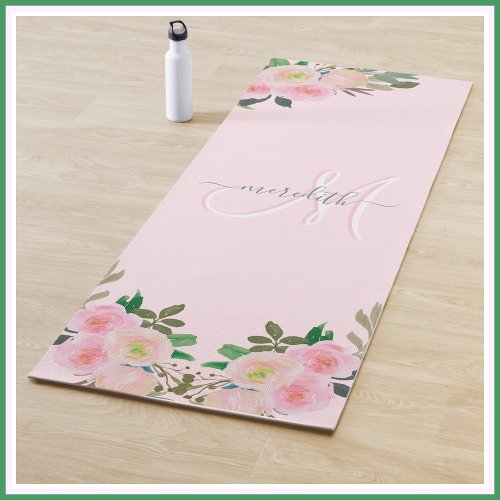 Chic Blush Pink Floral Custom Monogram Name  Yoga Mat