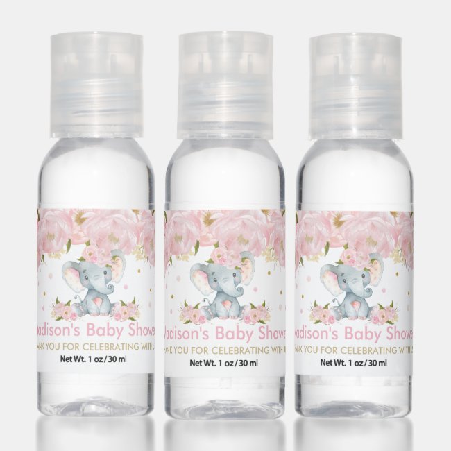 Chic Blush Pink Floral Elephant Baby Shower Favor Hand Sanitizer