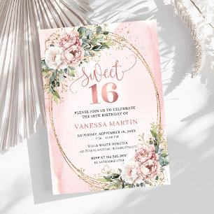 Chic Blush Pink Floral Eucalyptus Sweet 16 Invite