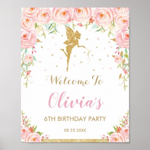 Chic Blush Pink Floral Fairy Birthday Welcome Poster