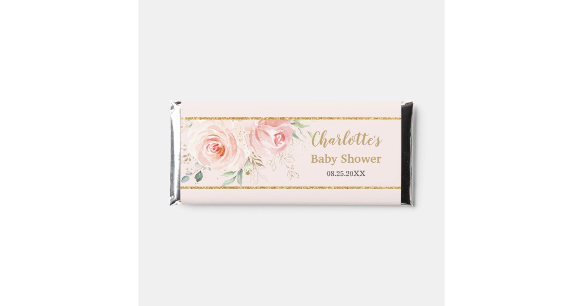 Chic Blush Pink Floral Gold Baby Shower Thank You Hershey Bar Favors ...