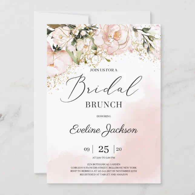 Chic Blush Pink Floral Gold Boho Bridal Brunch Invitation Zazzle