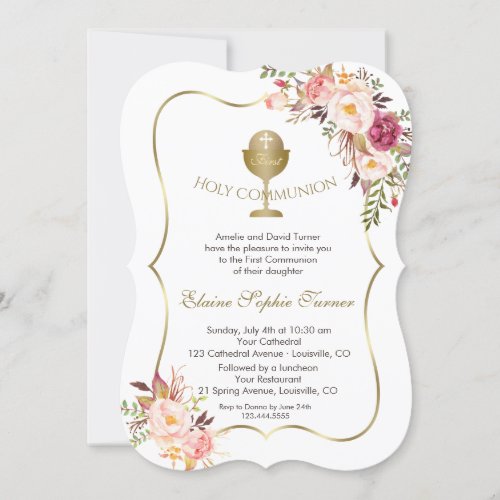 Chic Blush Pink Floral Gold Chalice Holy Communion Invitation