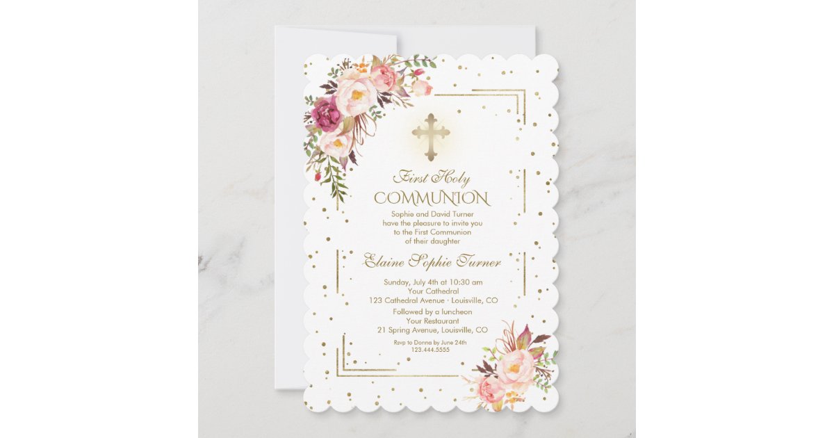 Chic Blush Pink Floral Gold First Holy Communion Invitation | Zazzle