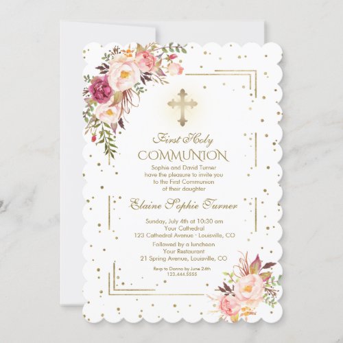 Chic Blush Pink Floral Gold First Holy Communion Invitation