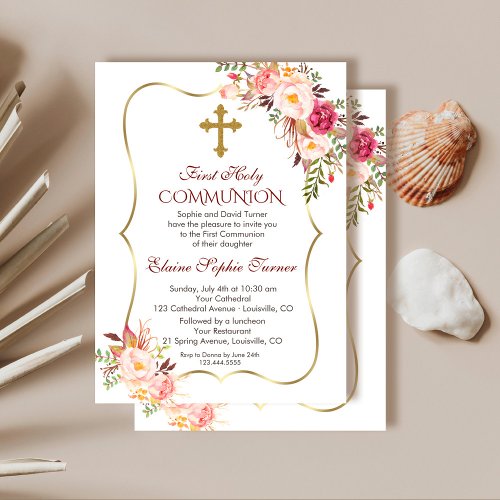 Chic Blush Pink Floral Gold First Holy Communion Invitation