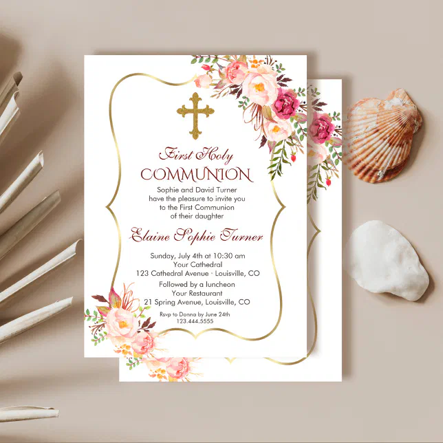 Chic Blush Pink Floral Gold First Holy Communion Invitation | Zazzle