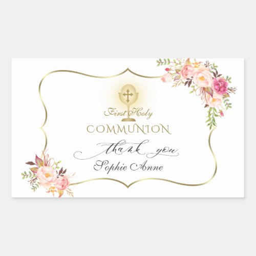 Chic Blush Pink Floral Gold First Holy Communion  Rectangular Sticker