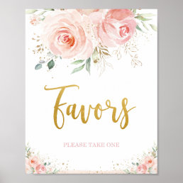 Chic Blush Pink Floral Gold Foliage Favors Sign