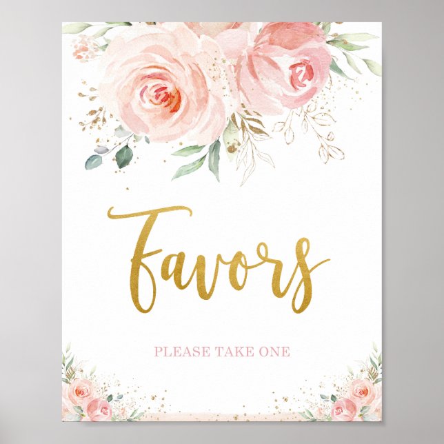 Chic Blush Pink Floral Gold Foliage Favors Sign (Front)