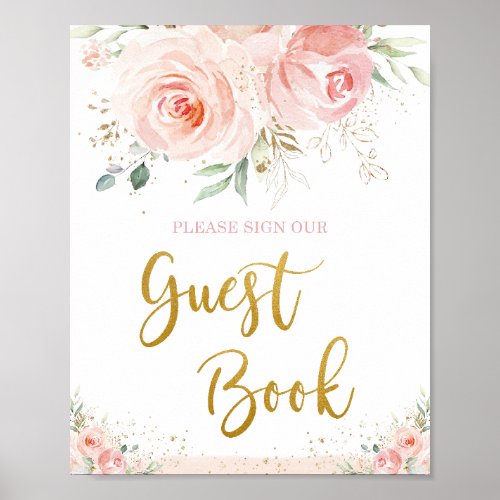 Chic Blush Pink Floral Gold Foliage Guestbook
