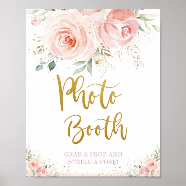 Chic Blush Pink Floral Gold Foliage Photo Booth Poster (Front)