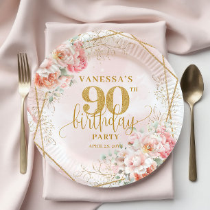 Chic Blush Pink Floral Gold Frame 90th Birthday Paper Plates